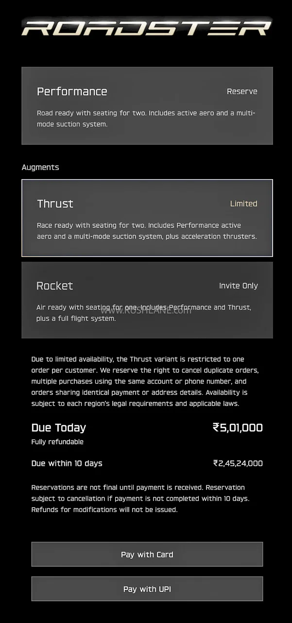 Tesla Roadster Thrust Variant India Booking